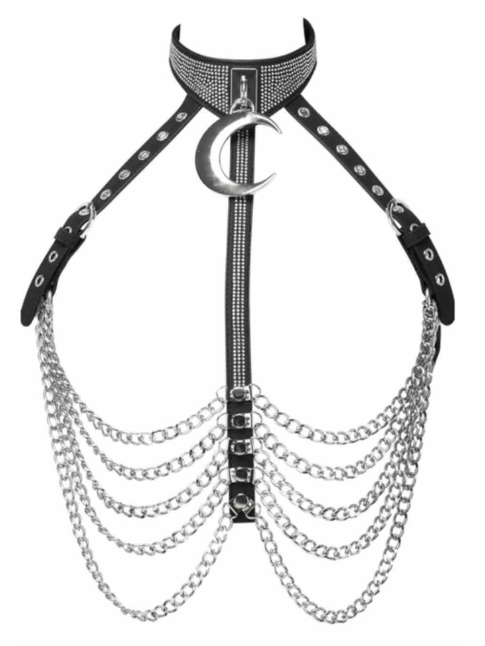 Killstar Black Faux Leather Harness Belt with Silver Chains and Crescent Pendant - Picture 2 of 2